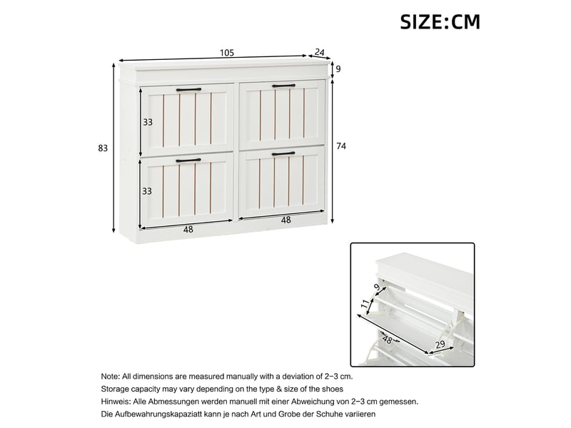  Meuble à chaussures 105x24x83 cm à 4 portes abattantes, rangements modulables en mdf blanc  - Conforama C