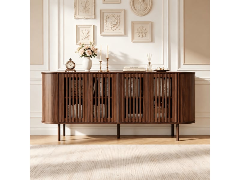 Buffet couleur noyer 160 x 40 x 70 cm, 4 portes coulissantes perforées, étagères réglables - Conforama E
