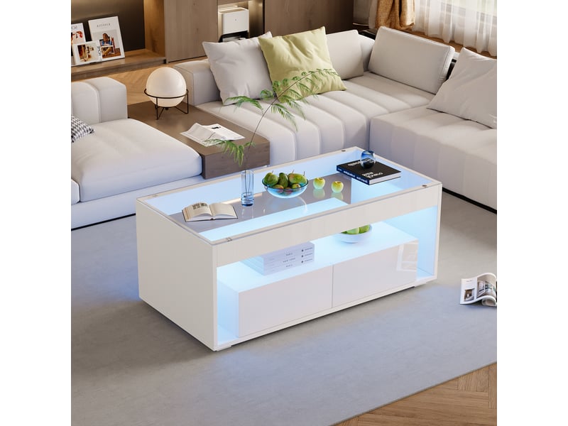  Table basse blanche brillante avec led, plateau en verre trempé et 2 tiroirs, 100x50x40 cm, meuble de salon moderne  - Conforama R