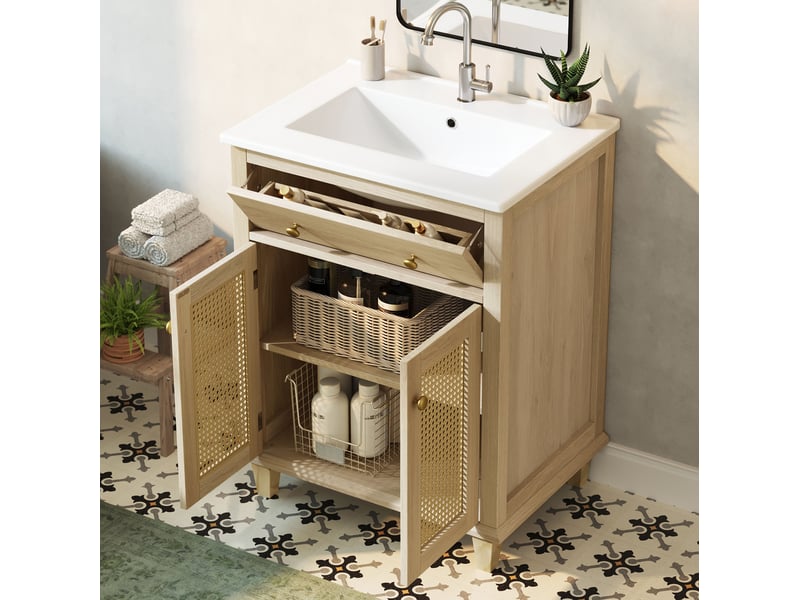 Meuble sous vasque avec lavabo en céramique, 2 portes, tiroir basculant et étagères réglables, 61 × 47 × 87 cm - Conforama B