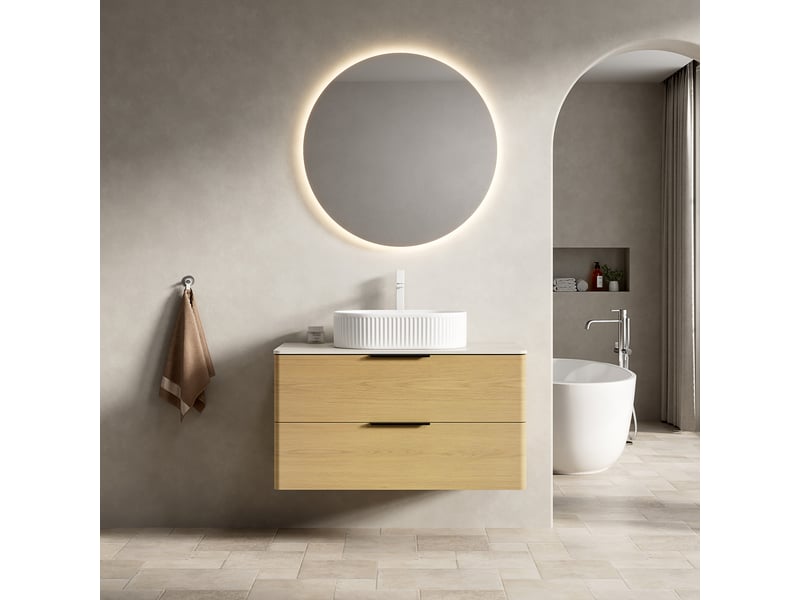 Meuble sous vasque avec lavabo ovale en céramique et 2 tiroirs, plateau en pierre frittée, salle de bain beige - Conforama B