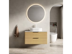 Meuble sous vasque avec lavabo ovale en céramique et 2 tiroirs, plateau en pierre frittée, salle de bain beige