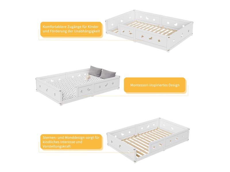  Feeohome lit enfant 140x200 cm, lit pour enfants aver barrière et sommier à lattes, lit montessori, lits au sol bébés en bois massif pin, pour enfants et bébés  - Conforama B