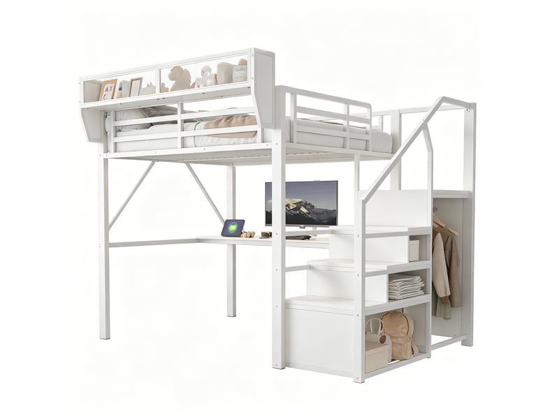 Lit mezzanine 140x200 cm avec bureau 2 m - rangement flexible - échelle de sécurité - led multicolore - blanc - Conforama A