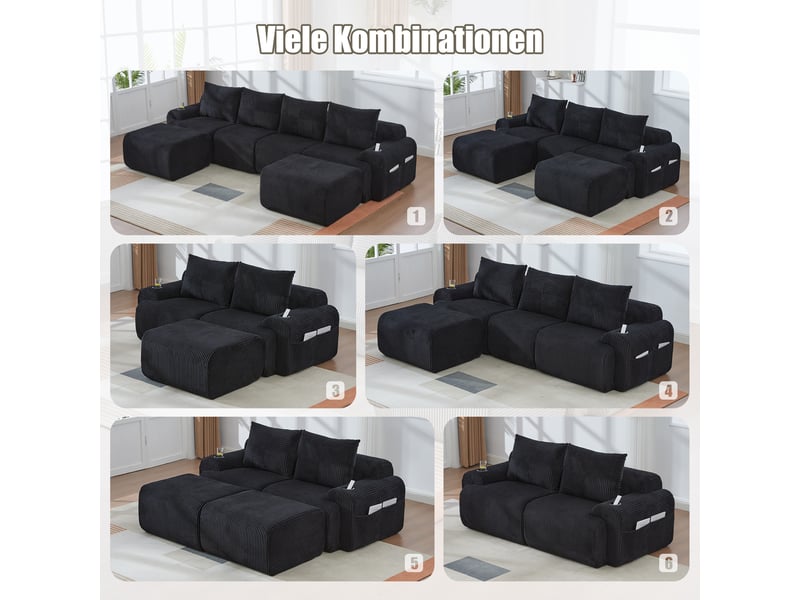  Canapé modulable, canapé de salon — en velours tricoté, porte-gobelets, noir  - Conforama E