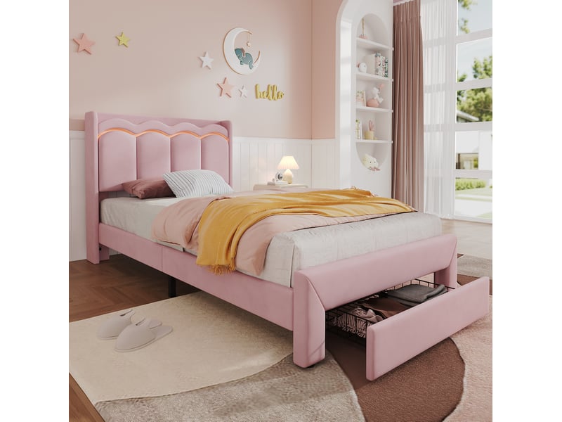  Lit enfant simple 90 × 200 cm avec tiroir, tablette, led contrôlée par application et sans matelas, rose  - Conforama D