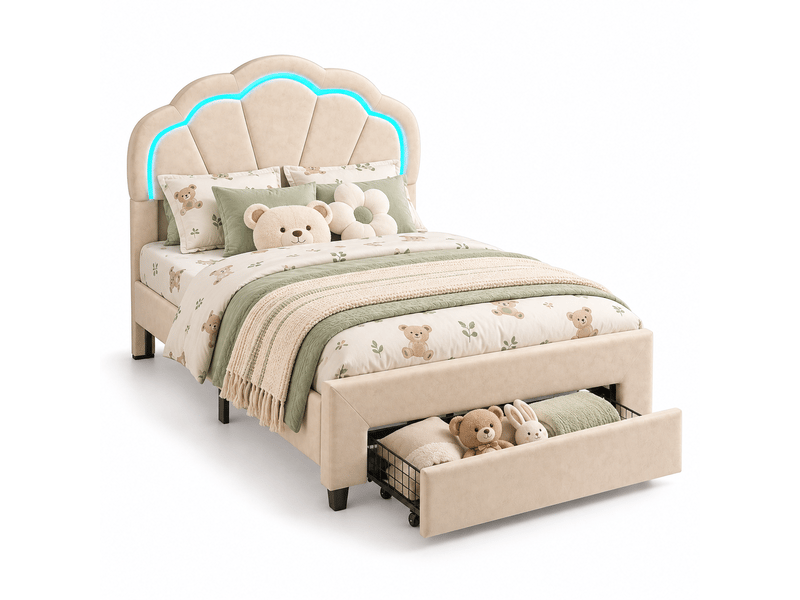  Lit simple capitonné 90x200 cm avec led et tiroirs - lit enfant avec tête de lit réglable en hauteur - sommier à lattes - lit enfant 90x200 cm - lit simple fille avec éclairage led rgb et tiroir - tête de lit réglable - sommier …  - Conforama A