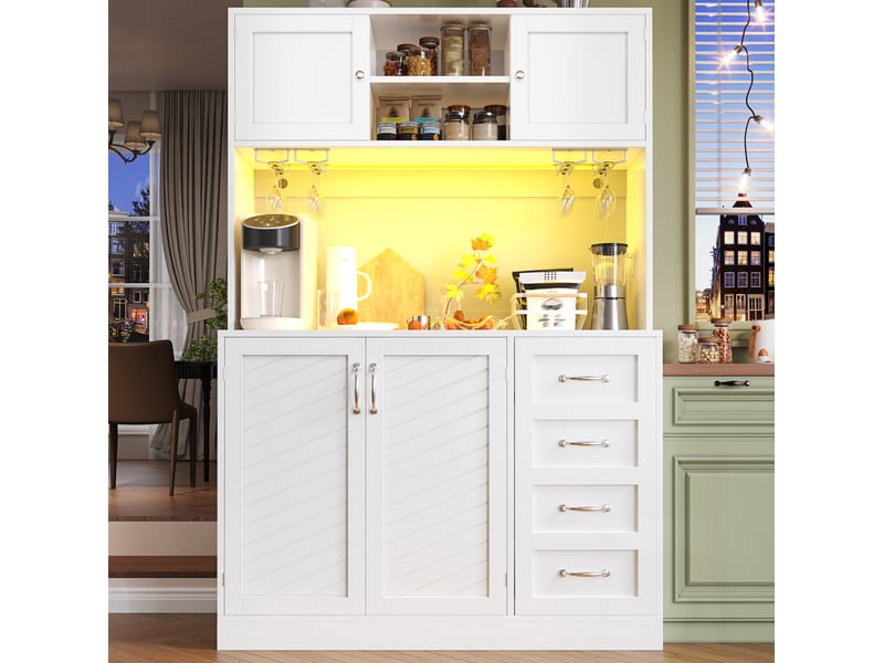  Buffet de cuisine avec led intégrée, 4 portes, 2 grands tiroirs et porte-boissons, en mdf blanc, 120 × 40 × 188 cm  - Conforama C