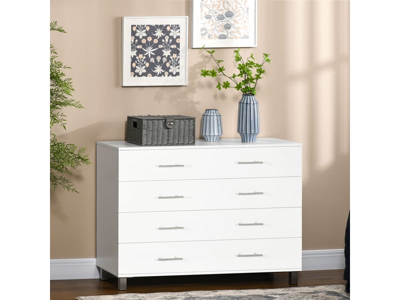  Commode à 4 tiroirs avec pieds, design moderne, idéale pour le salon et l'entrée, 112 x 38,2 x 81 cm, blanche  - Conforama D