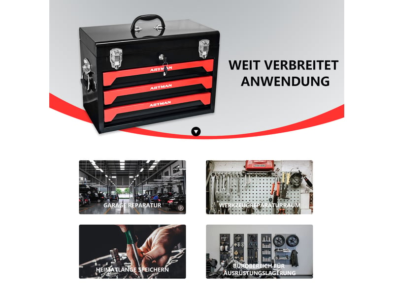  Boîte à outils transportable 50 x 27 x 35 cm noir et rouge en acier, 3 tiroirs à roulements à billes  - Conforama D