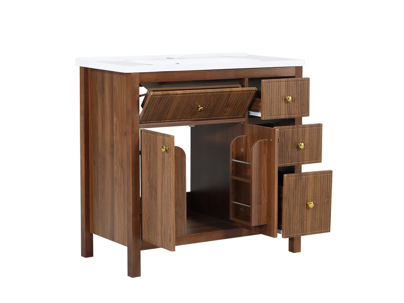 Meuble vasque 91 cm noyer, lavabo céramique, portes soft-close, tiroirs et étagères - Conforama D