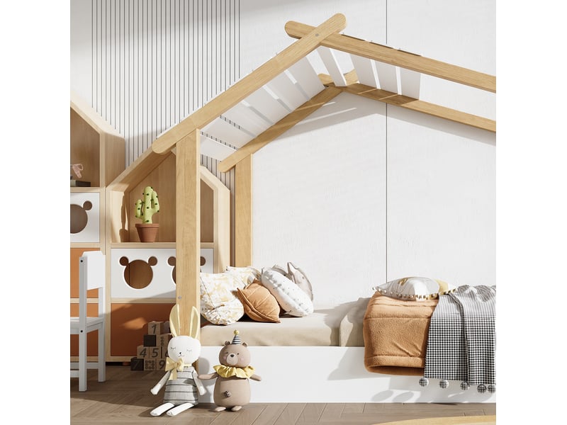  Lit cabane enfant 90x190 cm, sommier à lattes en contreplaqué, pin et mdf, blanc et naturel, sans matelas  - Conforama E
