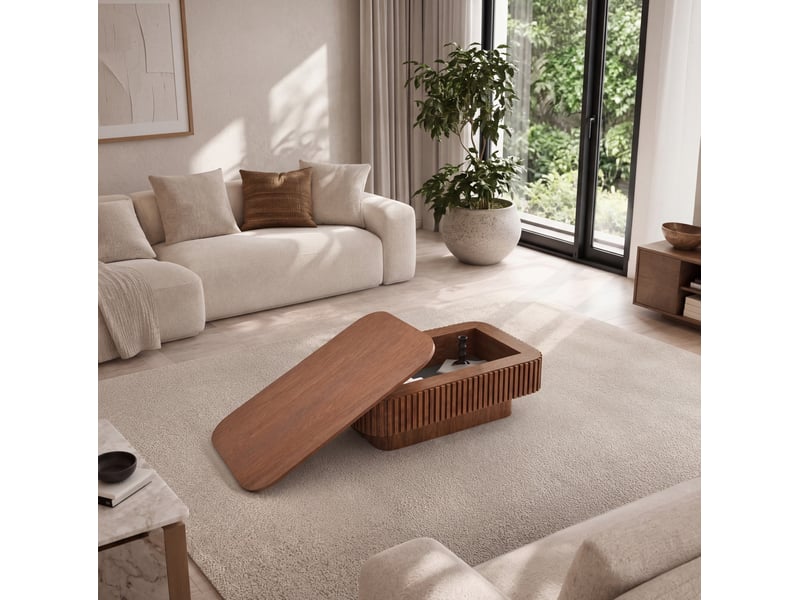 Table basse rectangulaire en mdf plaqué bois, rangement caché et finition bois foncé pour le salon moderne - Conforama E