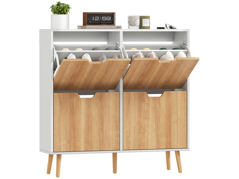  Meuble à chaussures 4 abattants 16 paires avec étagère réglable pieds en bois de pin 95 x 26 x 95 cm naturel  - Conforama A