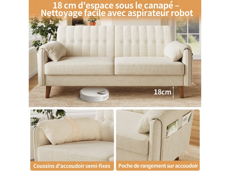  Canapé 2 places 161,5x79x83,5 cm en chenille, dossier capitonné, 2 coussins d’accoudoir, poches latérales, pieds en bois massif - beige  - Conforama E