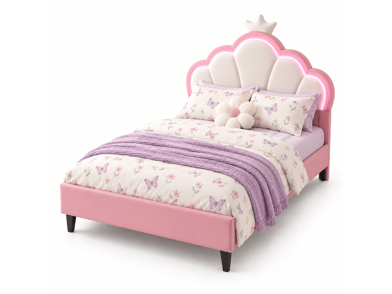  Lit double enfant 140x190 cm, lit capitonné avec sommiers à lattes et dossier, lit fille réglable en hauteur,velours,led,unique,rose lit fille 140x190 cm avec led - lit enfant avec dossier unique - tête de lit couronne réglable …  - Conforama A