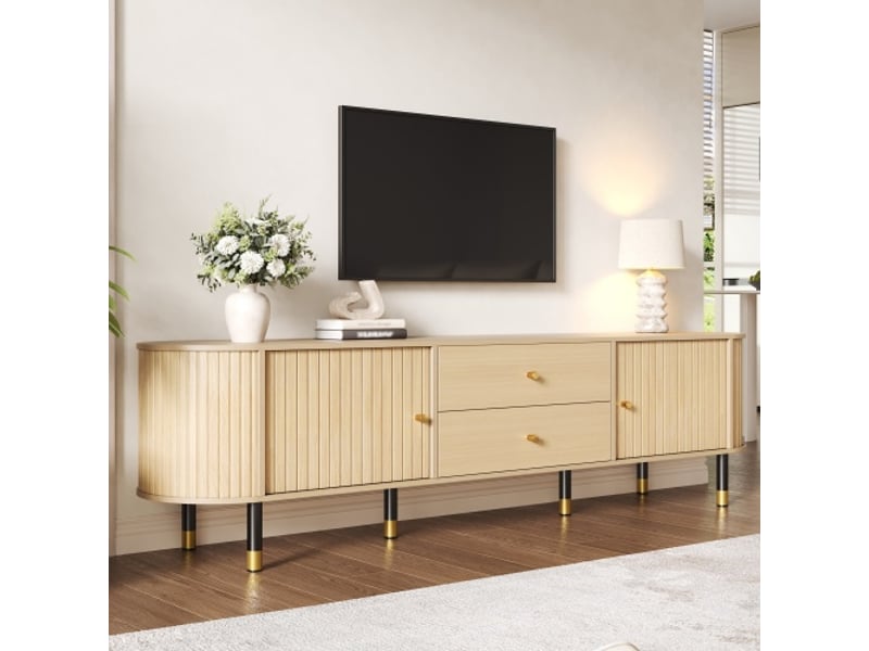  Meuble tv bas ovale 180x40x58 cm – armoire à portes coulissantes et 2 tiroirs, effet bois, salon  - Conforama B
