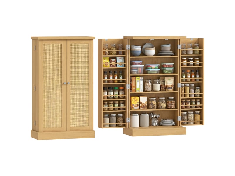  Meuble de cuisine en rotin de 104 cm avec étagère à 5 niveaux, 12 compartiments à épices et étagères réglables, naturel  - Conforama A