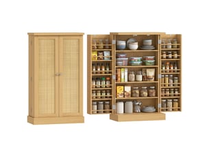Meuble de cuisine en rotin de 104 cm avec étagère à 5 niveaux, 12 compartiments à épices et étagères réglables, naturel