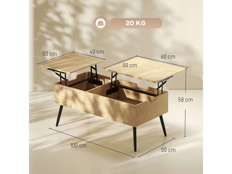  Table basse relevable avec double plateau, bois naturel, table de salon avec compartiment caché et pieds en métal  - Conforama C
