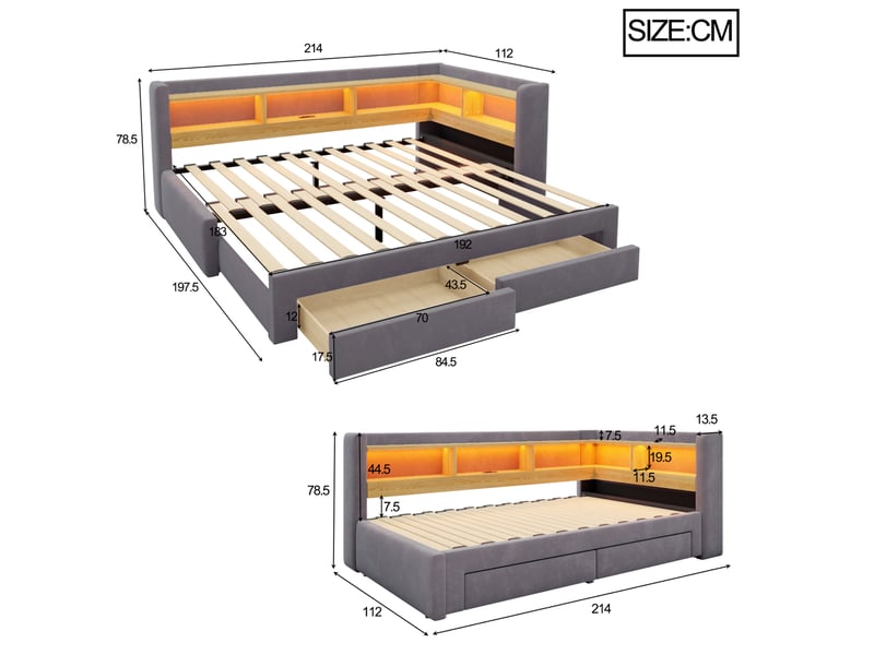  Lit gigogne 90x200 cm avec 2 tiroirs, éclairage led et prise, rangement intégré, couleur gris sans matelas  - Conforama C