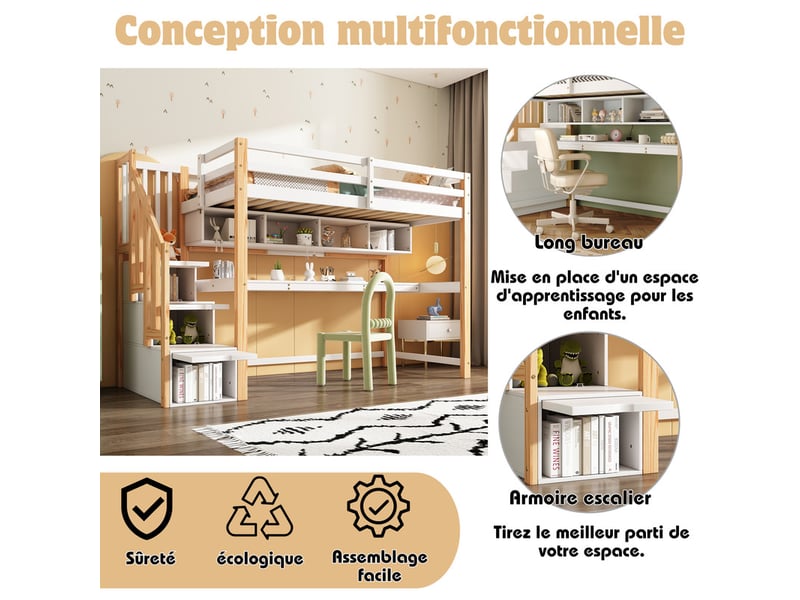  Lit mezzanine,90x200 cm,avec bureau,échelle rangement,bois massif,blanc et chêne  - Conforama E