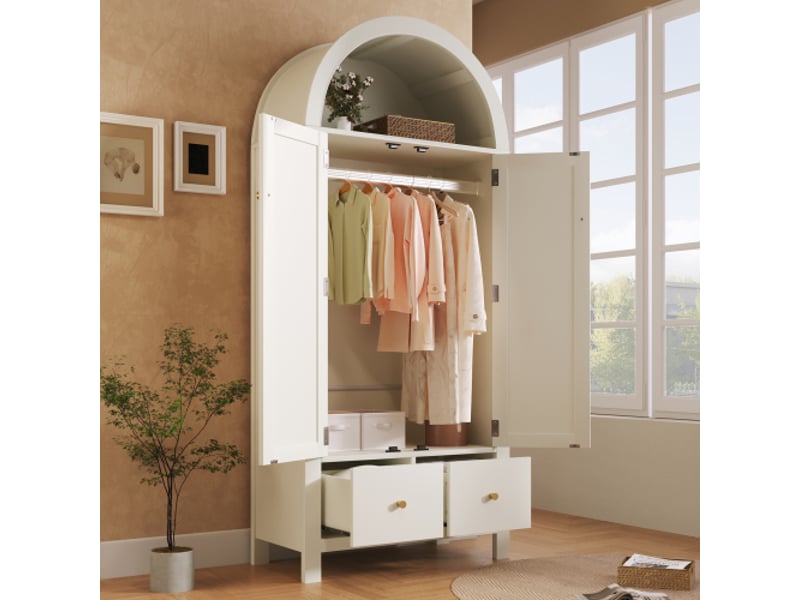  Armoire 181x78x45 cm style campagnard blanc, tressage en rotin, 2 portes magnétiques + 2 tiroirs, étagère semi-circulaire  - Conforama E