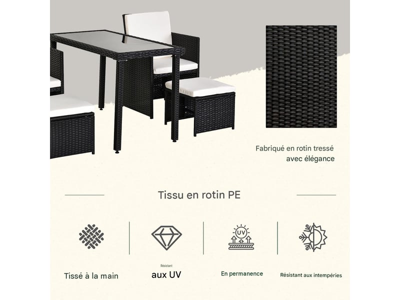 Salon de jardin 11 pièces en résine tressée avec coussins noir 120 x 60 x 75 cm - Conforama D