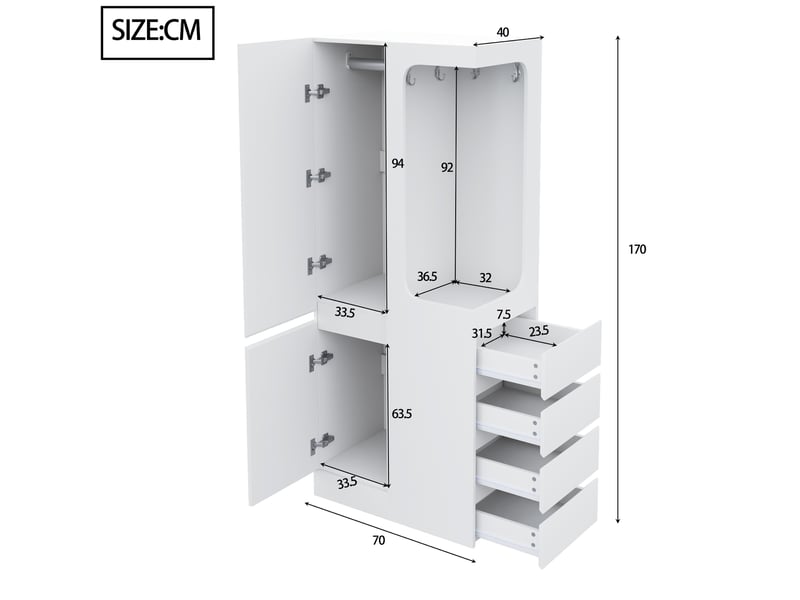  Armoire penderie 1 porte avec 4 tiroirs 70 x 40 x 170 cm LDB00431AAK - Conforama C