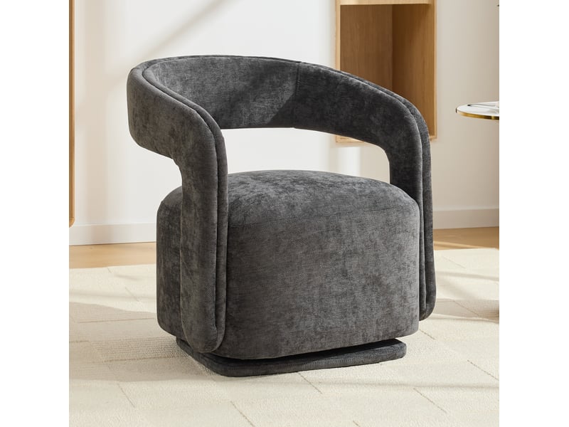  Fauteuil pivotant 360° design arrondi 70x65,5x74 cm, assise rembourrée, tissu chenille, gris foncé  - Conforama B