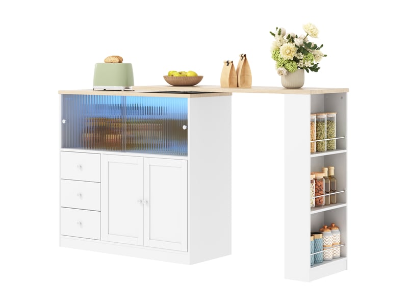  Desserte de cuisine avec 3 tiroirs, porte coulissante en verre, plateau pivotant et led pour cuisine en mdf blanc  - Conforama A