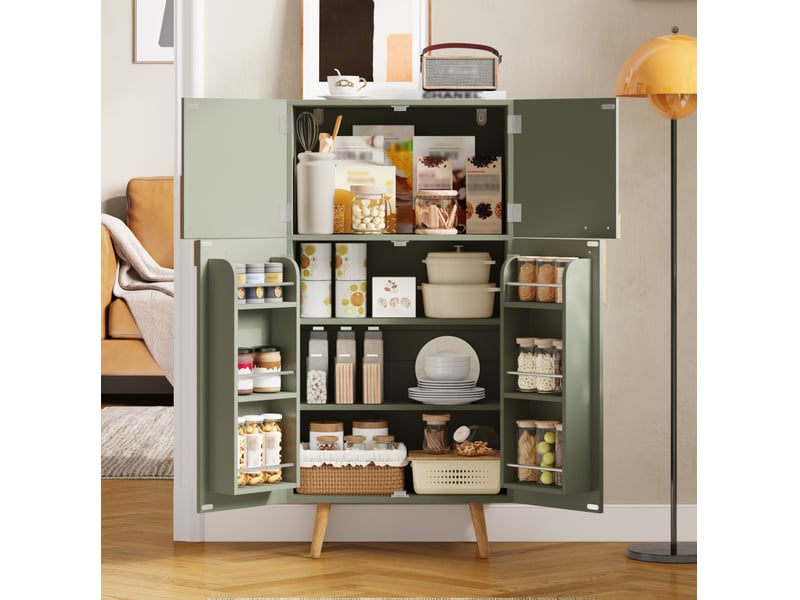 Colonne de cuisine avec 4 portes, étagères réglables et rangements sur portes, en mdf vert, 60 × 35 × 120 cm - Conforama D