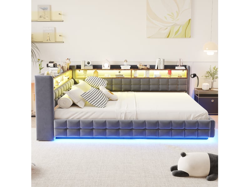  Lit coffre 140x200 cm 2 places avec tête de lit, rangement, led intégrée, prises usb et type-c, revêtement velours gris, sans matelas  - Conforama B