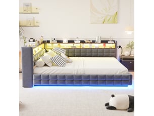 Lit coffre 140x200 cm 2 places avec tête de lit, rangement, led intégrée, prises usb et type-c, revêtement velours gris, sans matelas