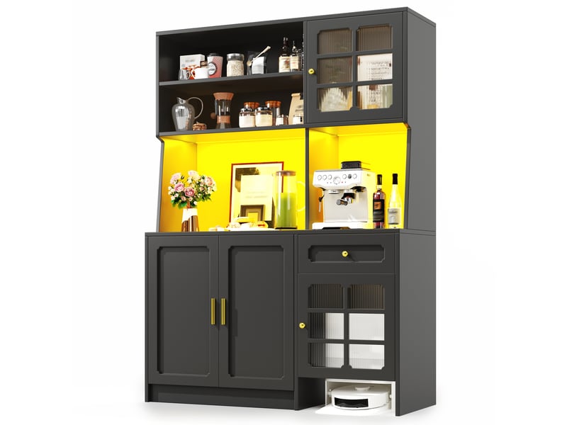  Meuble de cuisine muvano, buffet de cuisine avec portes vitrées, noir, 130 × 45 × 180 cm  - Conforama A