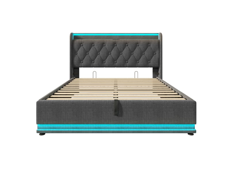  Lit adulte 160x200 cm gris en lin avec led 360°, usb-c, rangement hydraulique et matelas inclus  - Conforama E