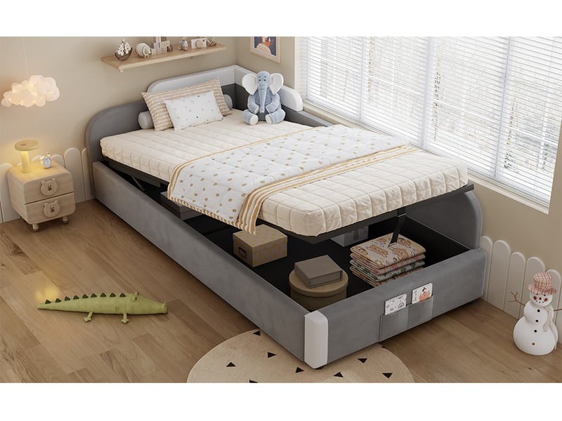 Lit coffre côté droit 90 x 200 cm, coffre à relevage hydraulique, poche de rangement, barrières latérales, velours et contreplaqué, blanc et gris ABC - Conforama E