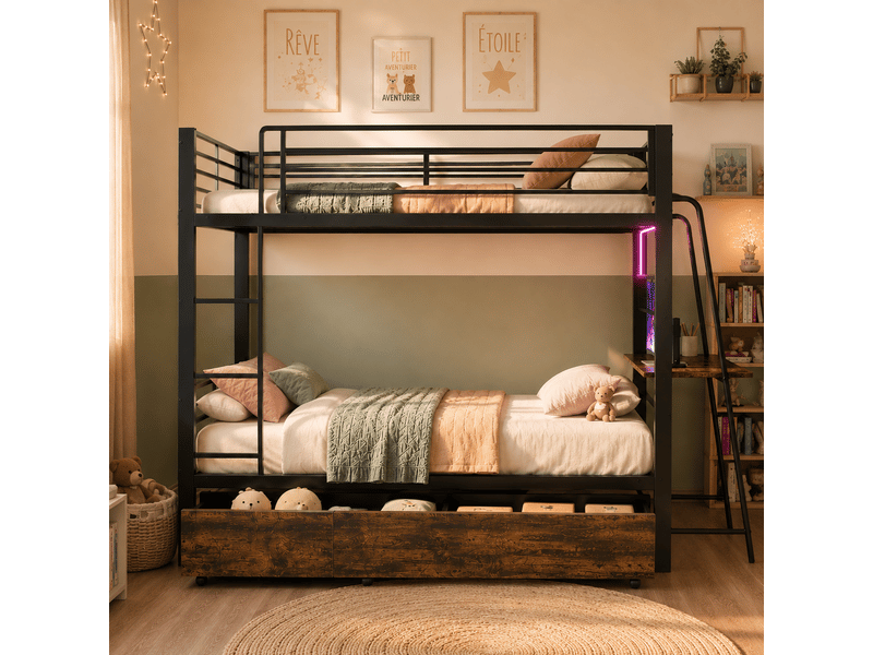  Lit superposé en métal 90×200 cm, avec bureau, tiroirs de rangement, éclairage et charge 250 kg par niveau  - Conforama B