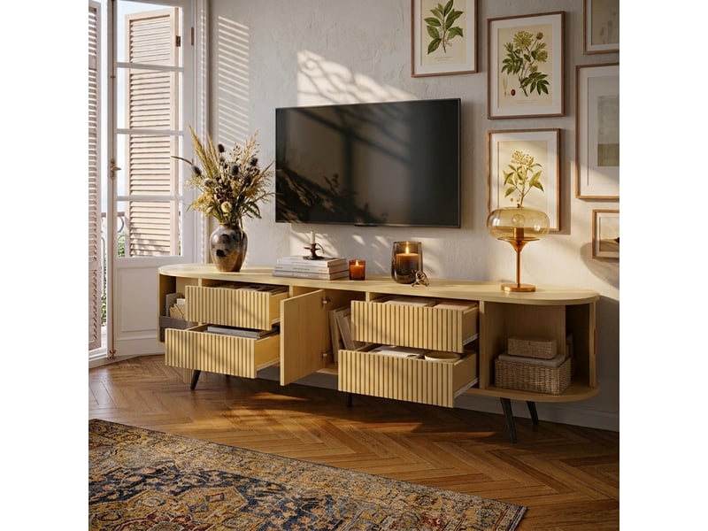  Meuble tv 180 cm pour écran jusqu’à 80 pouces, 4 tiroirs, porte à rideau, façades rainurées, forme ovale, coins arrondis, mdf effet bois naturel  - Conforama C