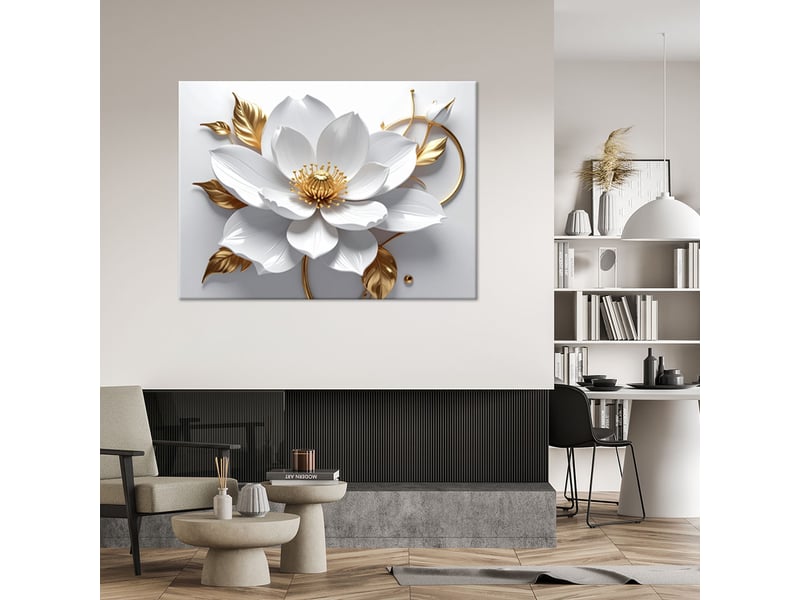  Impression sur toile, fleurs blanches et feuilles d'or 3d 120x80 1312612209 - Conforama B