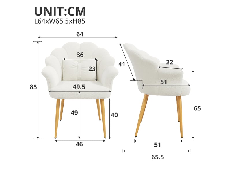  Lot de 6 fauteuils de salle à manger avec dossier pétale, accoudoirs, coussin nœud et pieds en métal doré, tissu bouclette teddy, blanc evarich - Conforama C