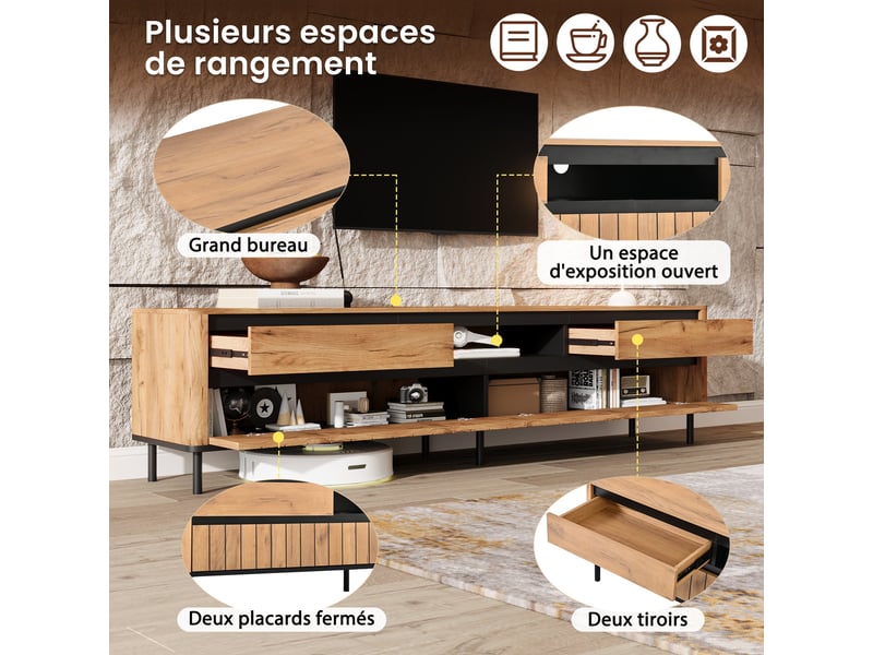  Meuble tv effet chêne naturel 2 tiroirs 2 portes abattantes et 6 pieds  - Conforama D