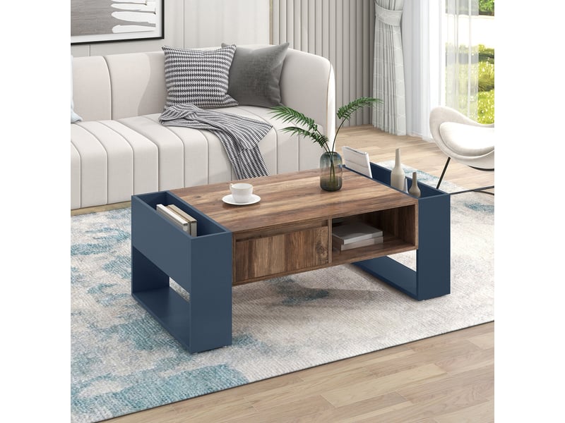 Table basse 111x60x40 cm avec tiroir sans poignée et rangements double face, panneaux de particules mélaminés, bois et anthracite ABC - Conforama E