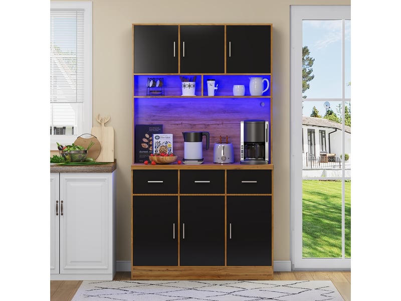  Buffet de cuisine avec éclairage led, tiroirs et étagères réglables, prises électriques – meuble moderne  - Conforama B