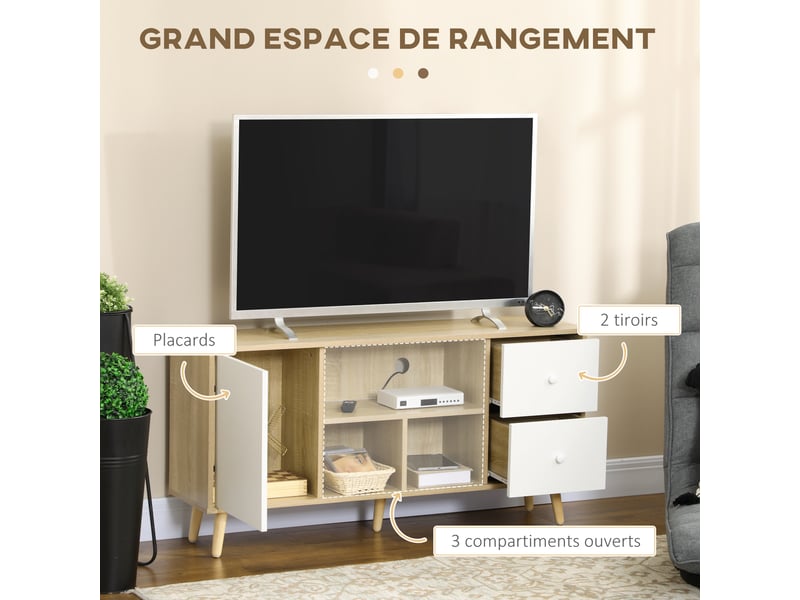  Meuble tv pour télévision jusqu'à 45 pouces pieds en bois massif style scandinave 3 niches 1 placard 120 x 30 x 60 cm  - Conforama D