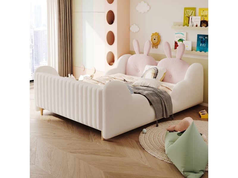  Lit double 140x200 cm, lit rembourré en bouclette avec oreillers forme lapin, côtés forme nuage, sans matelas - blanc  - Conforama D