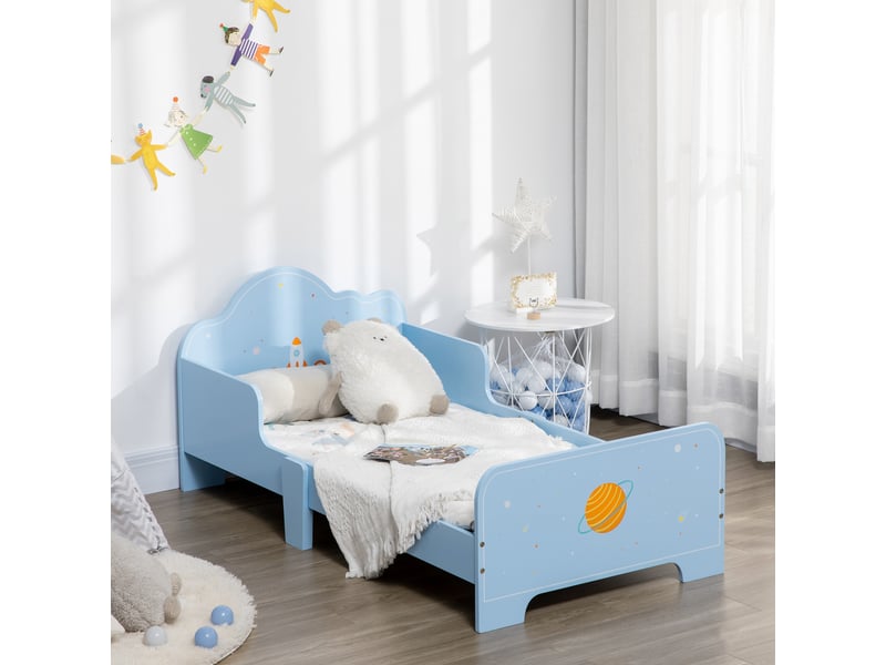  Lit enfant 140x70 bleu avec barrières de protection, motif espace, 143x74x59 cm  - Conforama D