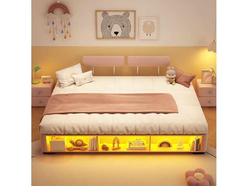 Lit enfant rembourré 140 x 200 cm rose avec rangement latéral led et sommier - Conforama D