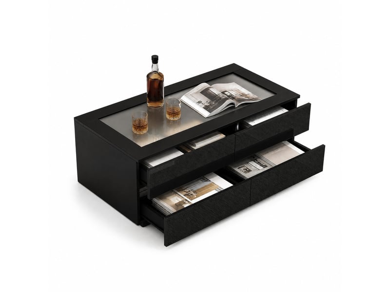  Table basse avec 4 tiroirs, led et verre trempé pour salon en panneaux de particules 100×50×40 cm noire  - Conforama A
