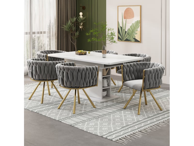  Lot de 4 chaises de salle à manger pivotantes à 360 degrés avec dossier incurvé en velours gris et doré  - Conforama D